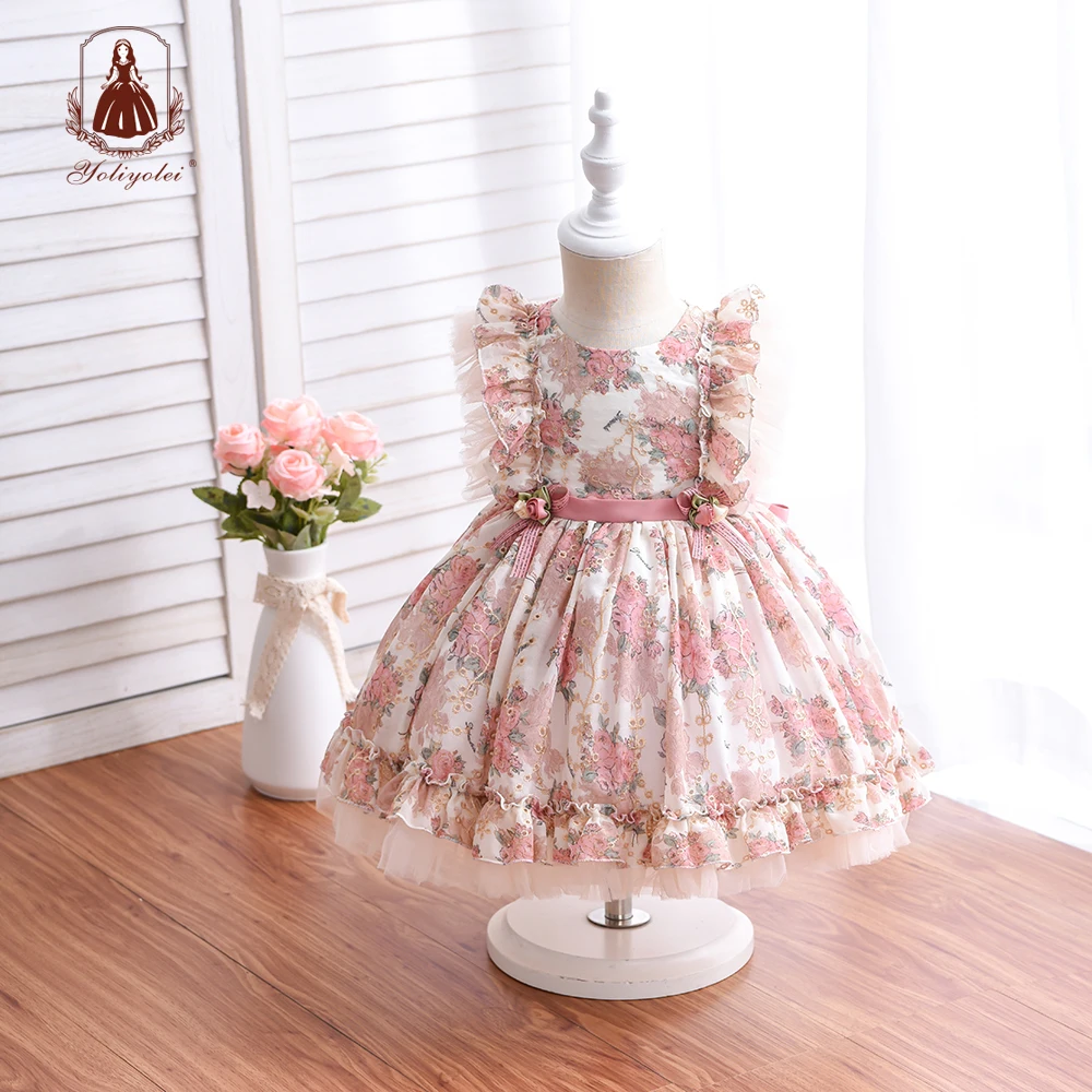 

50% Off Wholesale Girl Party Dress Court Style Hollow Embroidery Floral Printed Lolita Spanish Baby Dress, Pink