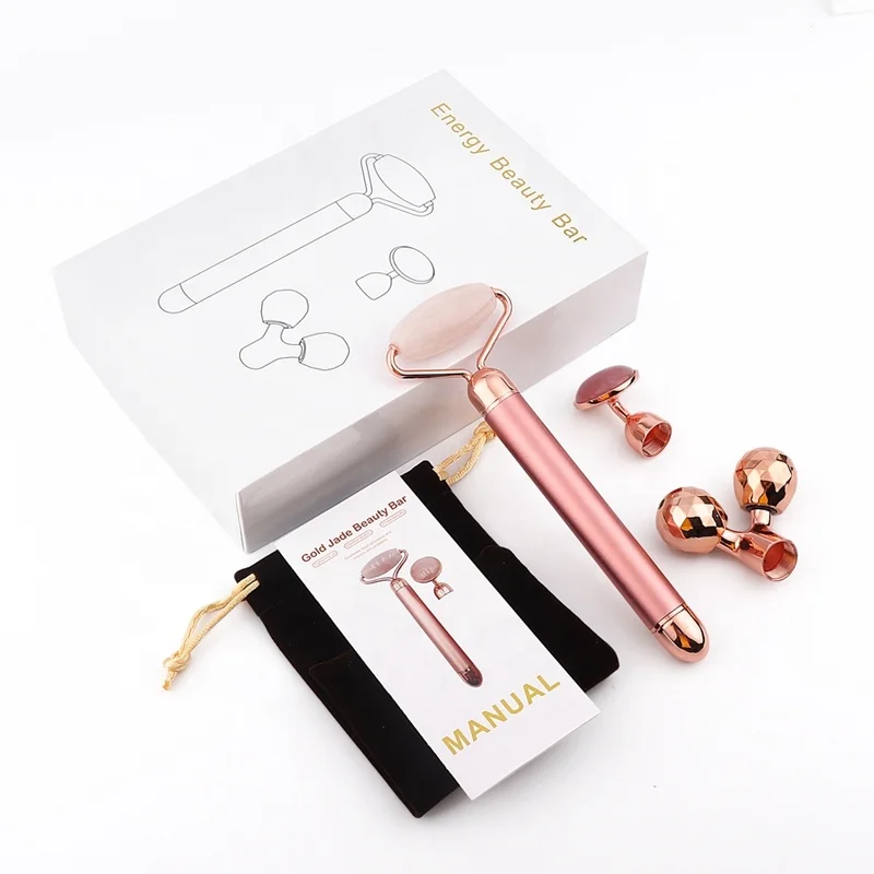 

Dropshipping 3 in 1 Beauty Bar Rose Quartz Anti Wrinkle Skin Care Micro Current Vibrating Roller Face Massager, Gold, rose gold, silver, black