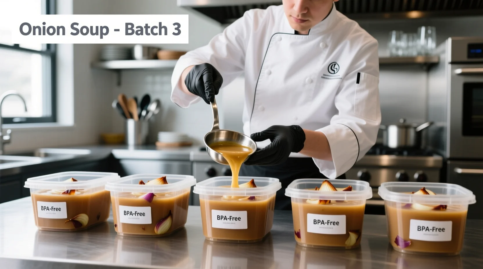 Koch portioniert abgekühlte Zwiebelsuppe in Gefrierbehälter