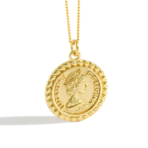 

H-N508 vintage greek design 925 sterling silver elizabeth coin necklace, Gold