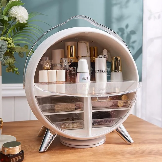 

New 360 Degree Rotating LED Light Makeup Box Touched Screen Desktop Cosmetic Storage Box with Mirror, Pink, white