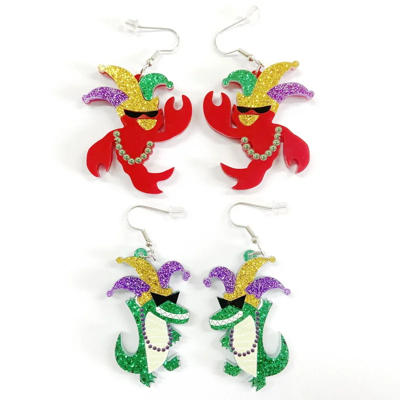 

2024 More Design Mardi Gras Earrings Crown Clown Hat Sequins Acrylic Earrings For Woman