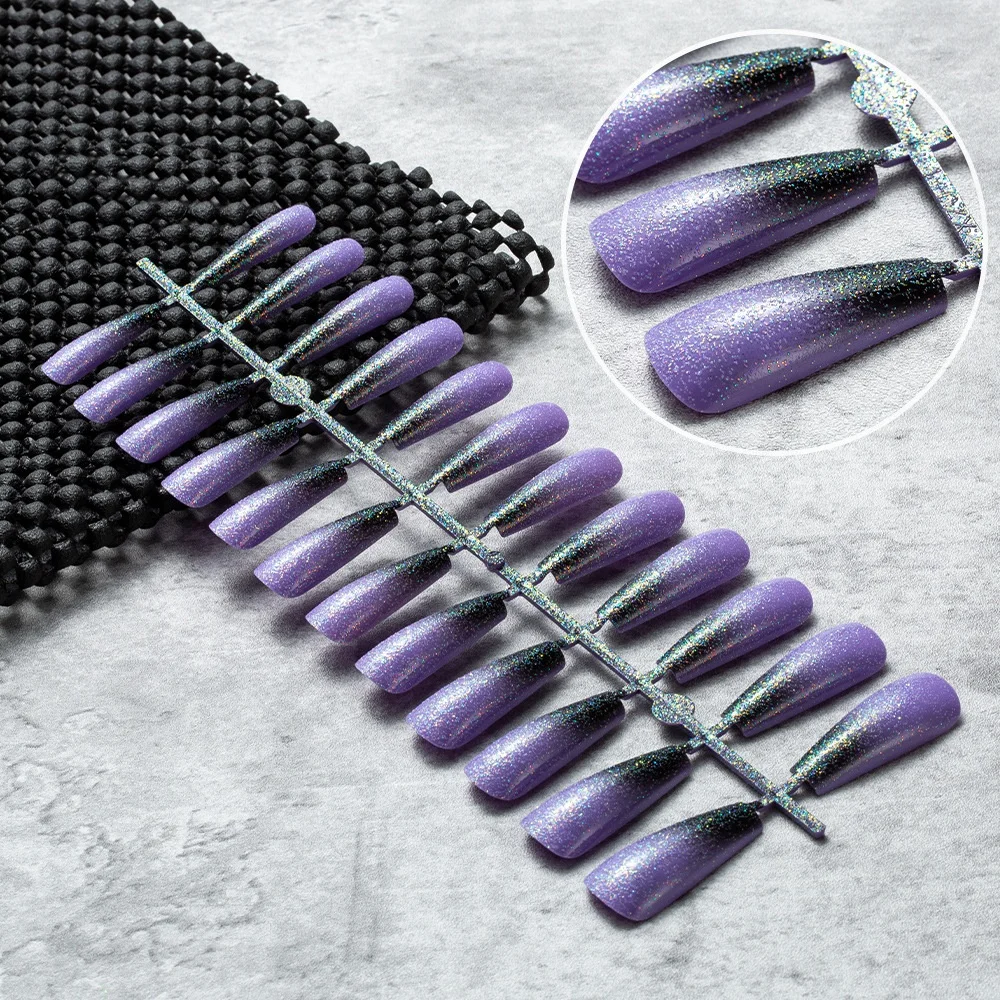

24pcs of Black Gradient Glitter Ballet Nail Art Embryo Wear False Nails Coffin Fake Nail Tips, Multiple colour