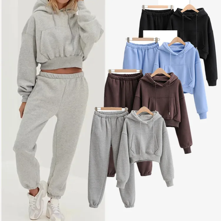 

2021 autumn and winter women's short waist plus velvet pocket hooded sweater and trousers two-piece suit
