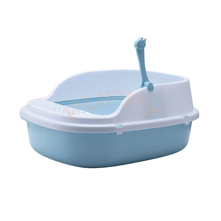 

High Quality Plastic Cat Litter Box ,Hot Selling Plastic Cat Toilet Sifting Cat Pan Litter Box with Frame Customer Logo Support, Blue, pink