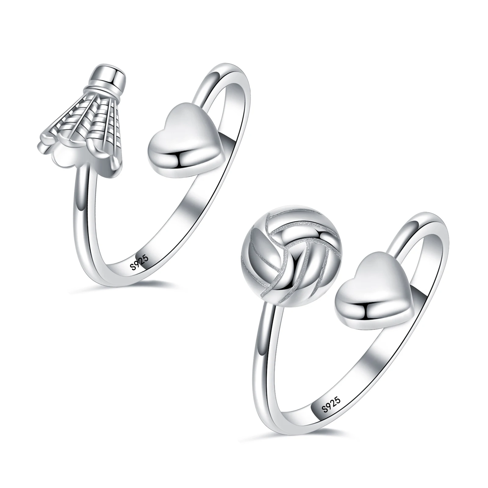 

Slovehoony 925 Sterling Silver Badminton Heart Adjustable Open Ring Creative Sport Style Ring