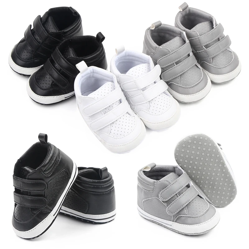 

New Arrival Simple Style PU Baby Boy Casual Shoes High Quality Toddler Hook and Loop Shoes, Black/grey/white