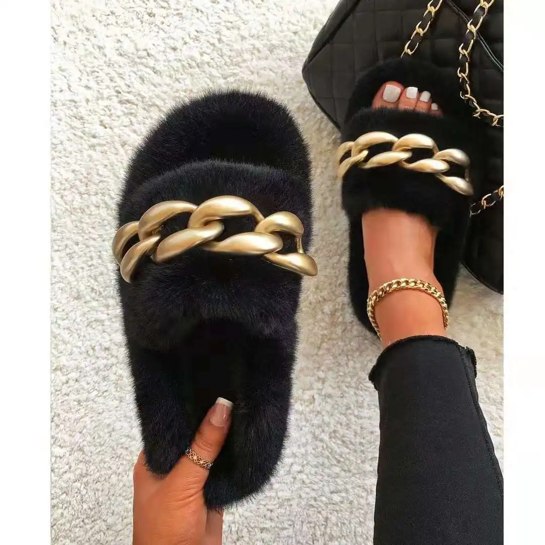 

Fashion new women indoors slides ladies gold chain furry flat fur slippers for women, Black,white,blue