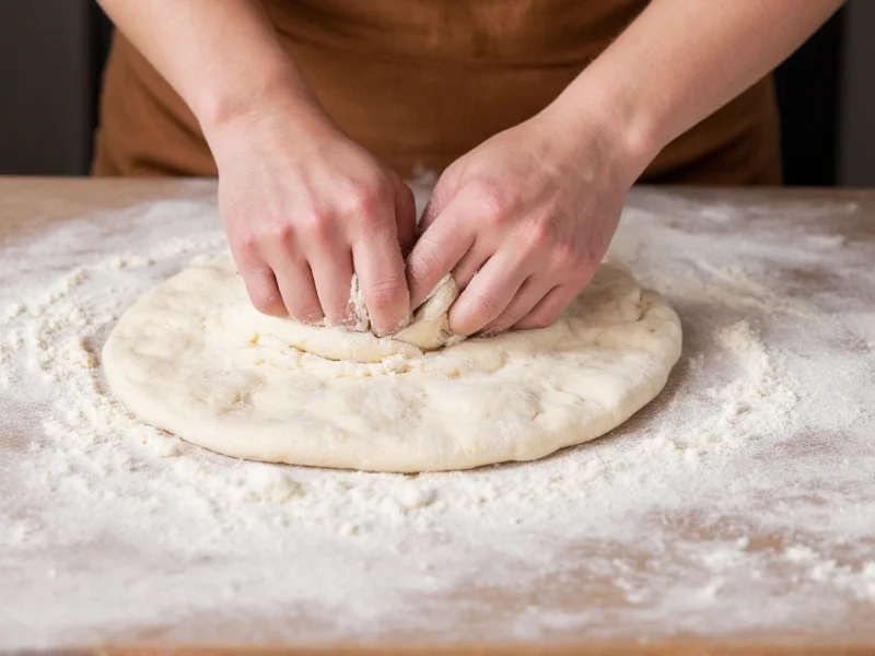 Hands kneading dough for handmade flour tortillas on floured surface