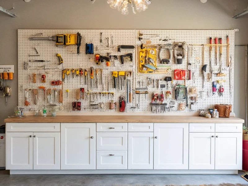 DIY pegboard mounted in garage with tools organized