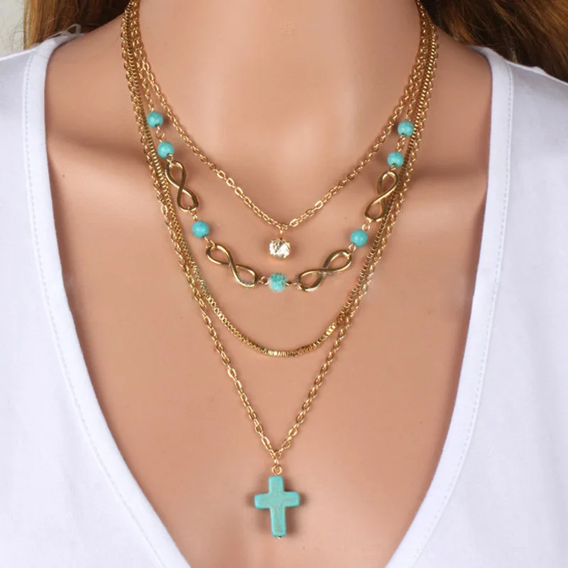 

Weihao new multi-element combination 4-layer chain alloy Cuban chain necklace turquoise cross clavicle chain pendant necklace, As picture show