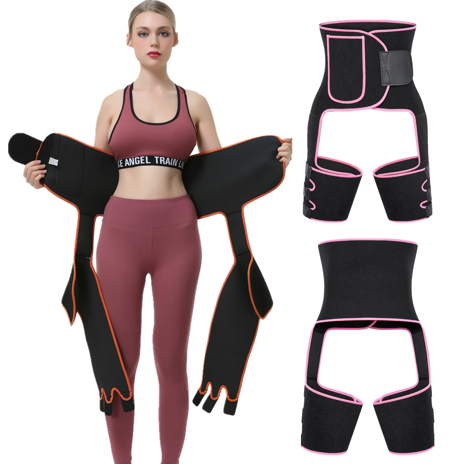 

Neoprene 3-in-1 hip strap sports hot sweat plastic belt with one-piece waist strap and leg strap, Black,pink,orange