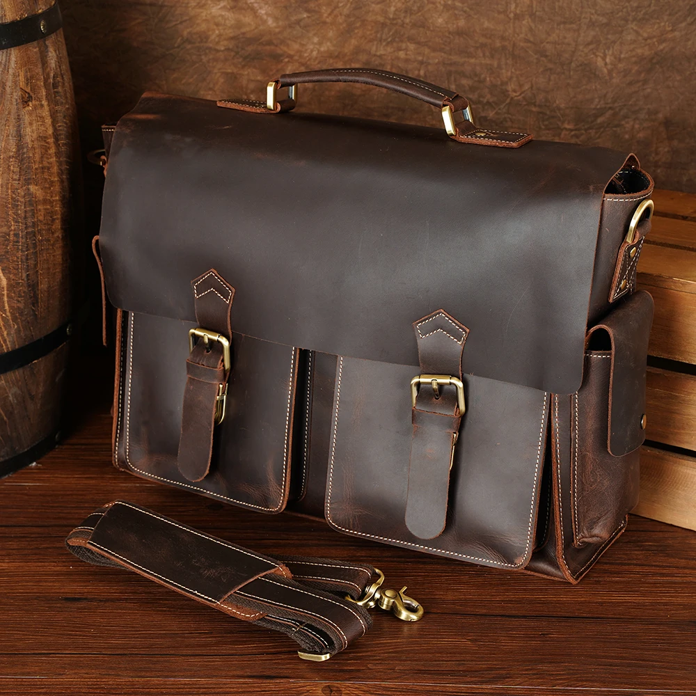 

TIDING Drop shipping Large Capacity 17 inches Laptop Bag Genuine Full Grain Real Cow Crazy Horse Leather Messenger Briefcase Bag