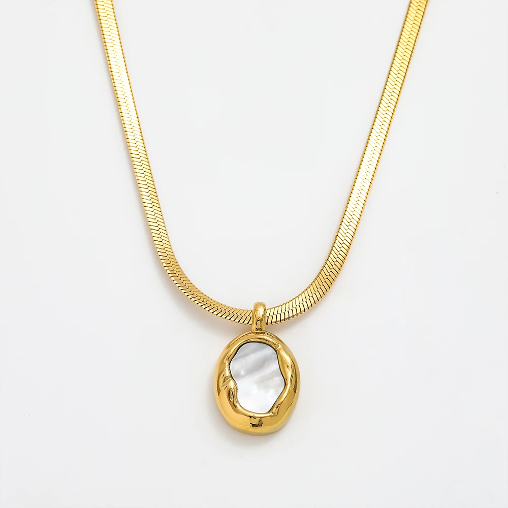 JOOLIM Ready to Ship High End Stainless Steel Band Herringbone Chain 18k Gold Plated Irregular Shell Pendant Necklace