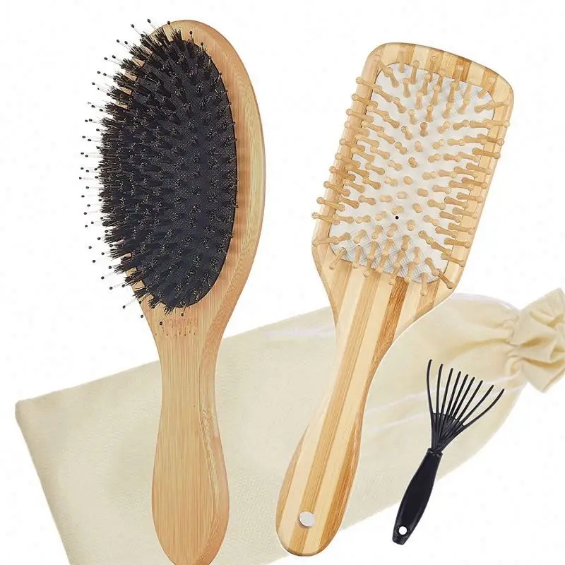

Wholesale Eco Friendly 100 Brist Natural Wooden Bristle Detangling Custom Logo Private Label Set With Bag Bamboo Hair Brush