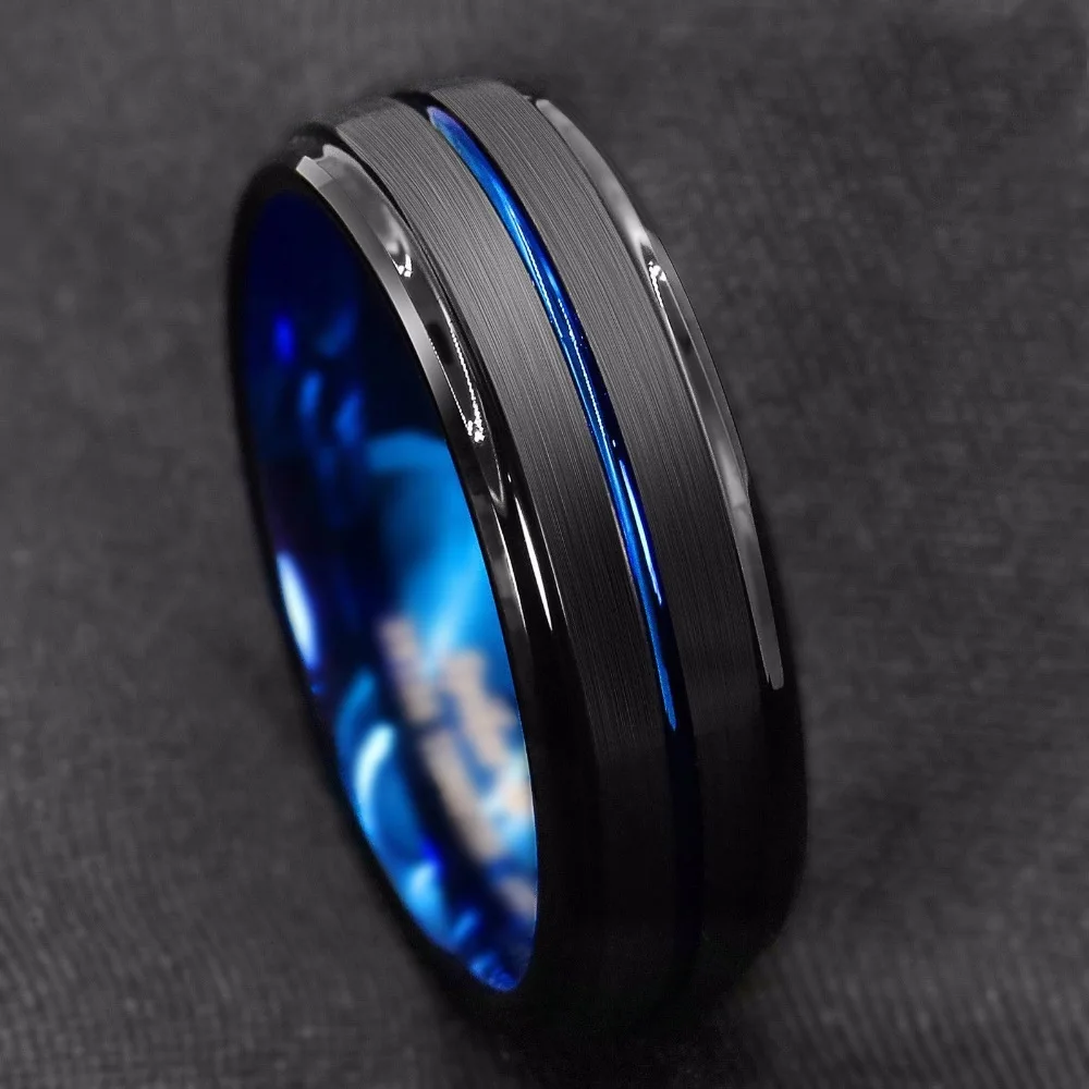 

Hot Sale Stainless Steel Black Slotted Ring Inner Blue Stainless Steel Rings For Men, As shown