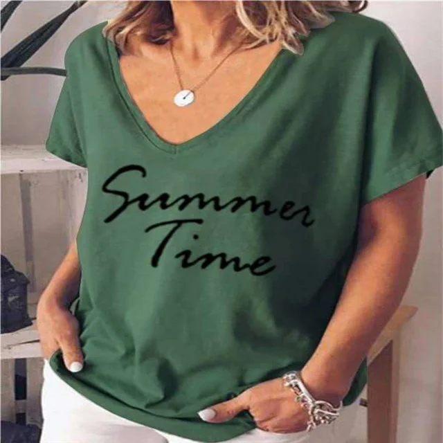 

2021 Hot Sale Fashion Short Sleeve V-neck Letter Print Top T-shirt Women, Picture color