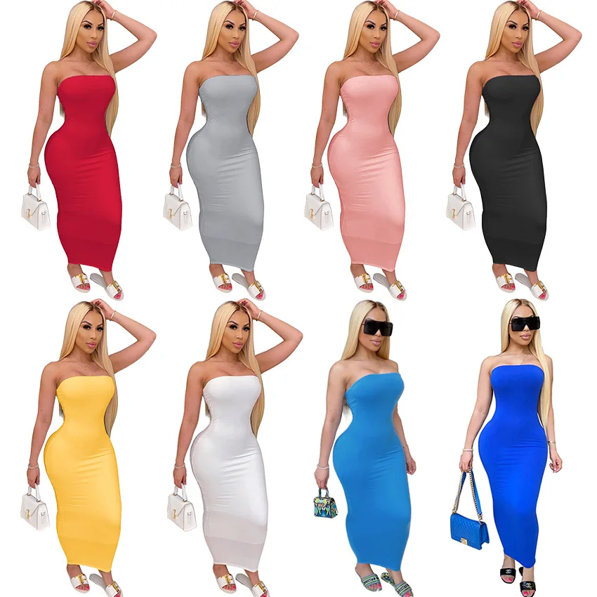 

2021 Summer Stylish Sexy Solid Off Shoulder Dress Plus Size Bandage Bodycon Strapless Sundress Women Casual Tube Top Desses, Picture