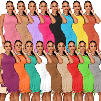 

RTS (0.25) M9072 2021 new arrival summer sleeveless solid color skinny fold sexy women dress