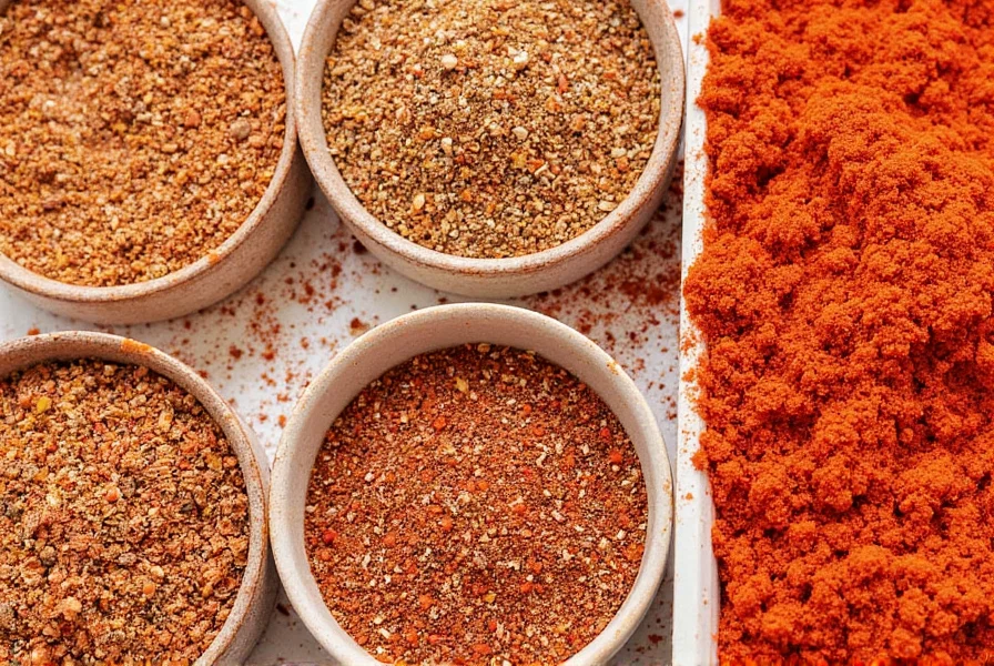 Close-up comparison of Aleppo pepper and common substitutes including Maras pepper, crushed red pepper, and paprika arranged in small bowls
