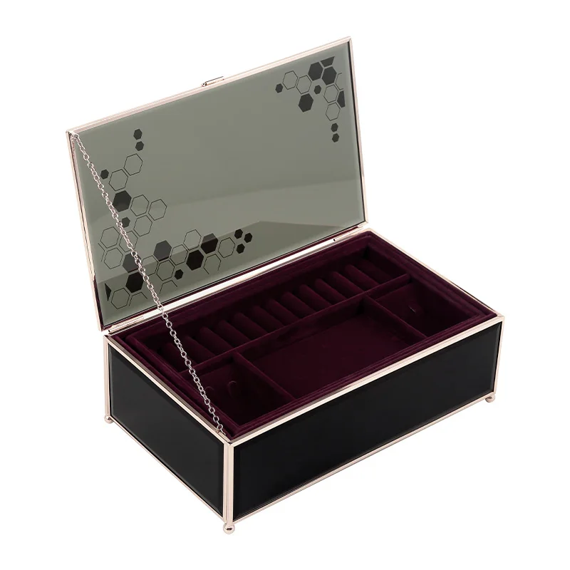 

Customised Jewelry Case With Dustproof Cover Luxury Rectangle Black Glass Double Velvet Lining Jewelry Organizer Gift Box