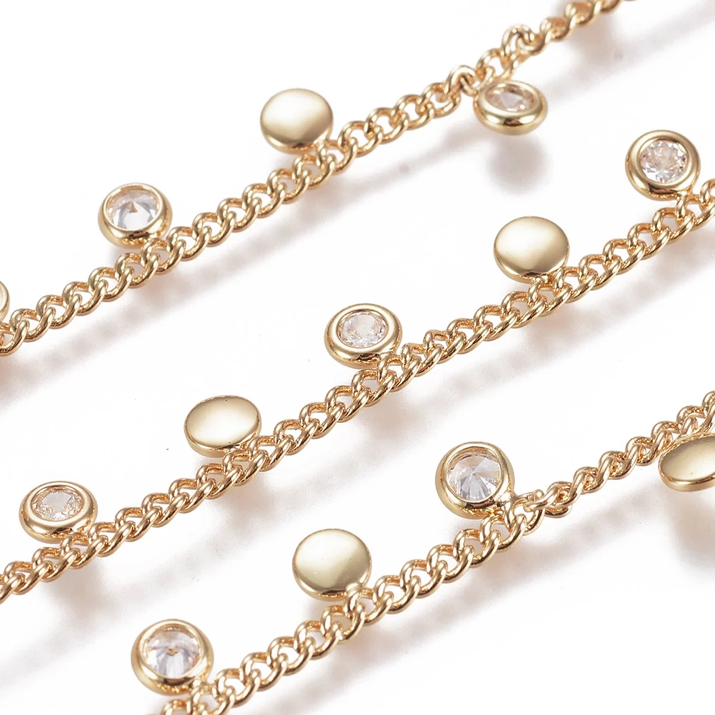 

PandaHall Flat Round Cubic Zircon Charms Handmade Brass Curb Chains