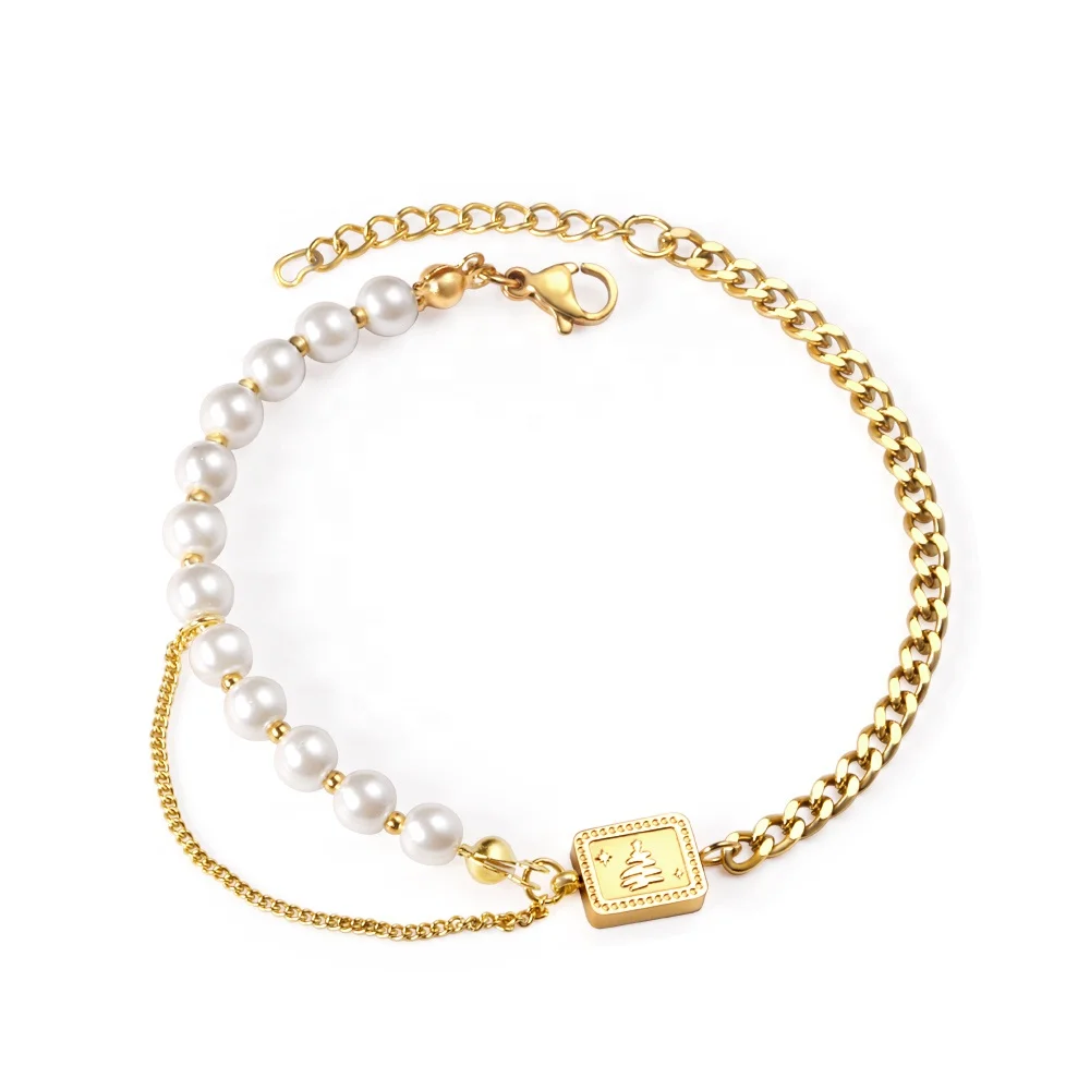 

Engagement Gift Stainless Steel Gold Plated Pearl Bracelet for Woman, Gold/silver available