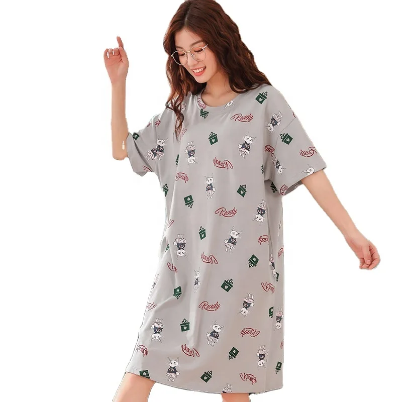 

Ladies Nightgown Sleepwear Short Sleeves Grey Cotton Pajama Knee-length kawaii Cartoon Printing Lingerie O-collar Womens nightie, Multi color