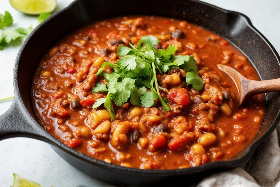 Weight Watchers chili recipe in a cast iron pot with fresh cilantro garnish and lime wedges