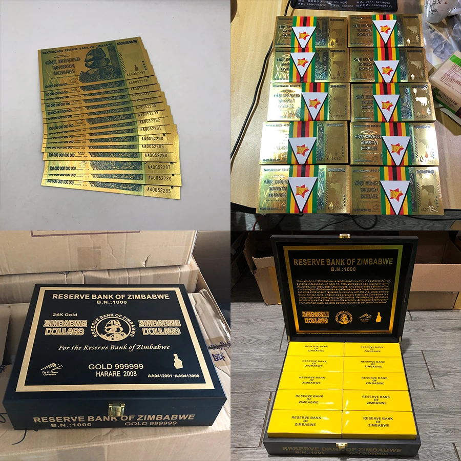 

1000pcs/box running number Zimbabwe 100 Trillion Dollar Gold Foil Banknote Set with nice black box for souvenir collection