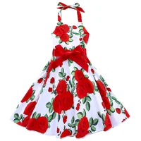 

Latest wholesale summer high quality boutique bows children frock designs red flower pattern kids 1 piece party dress for girls