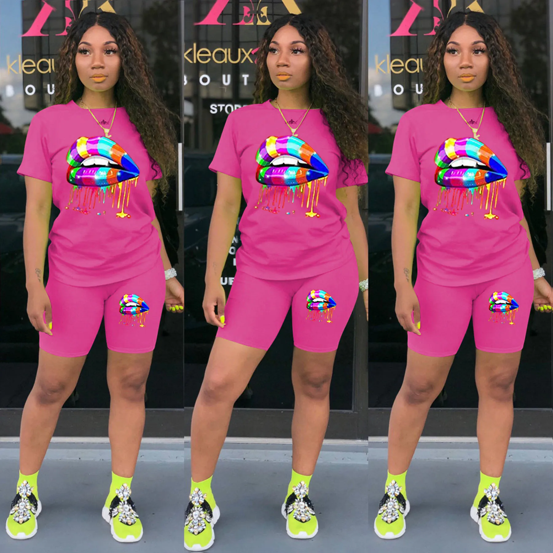 

Explosive fashion casual sports colorful mouth print two-piece set, Black white,grey,rainbow