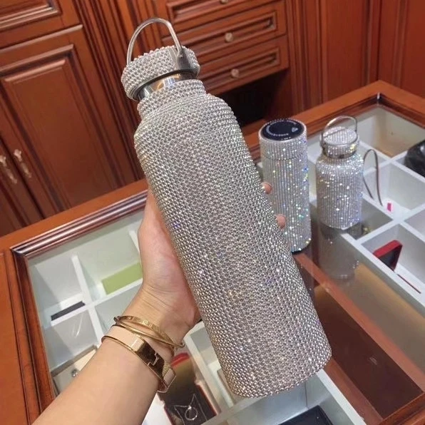 

Portable Rhinestone Diamond Double Layer Stainless Steel Water Bottle Outdoor Sports Travel Metal Vacuum Flask Wholesale