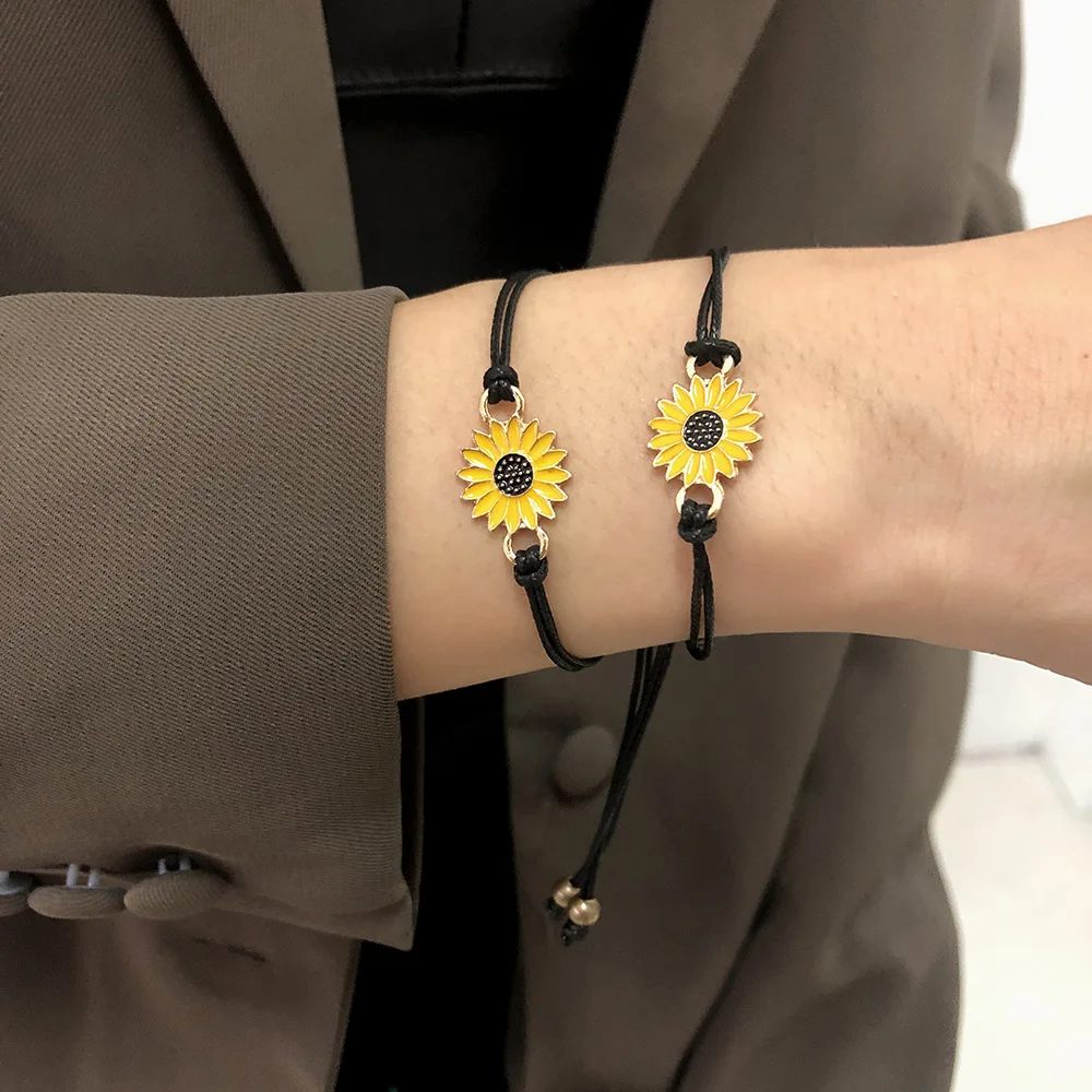 

Womens Cord Bracelets Bangles Two Sets Of Adjustable Bracelets Sunflower Dripping Oil Woven Couple Magnetic Bracelet, Black