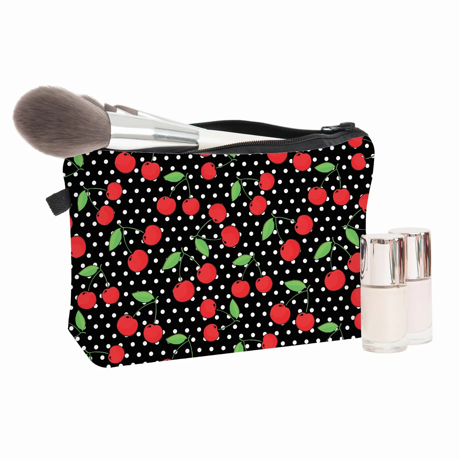

Custom logo women zipper logo cherry pattern wholesalers makeup bags, Customized