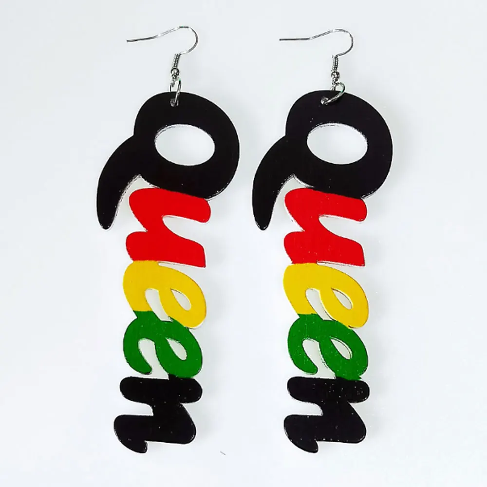 

Wood letter charm Africa black queen earrings women, Multi
