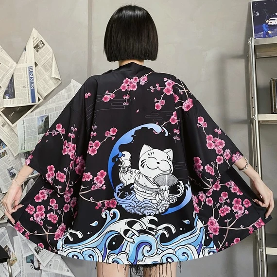 

Japanese Style Demon Print Cardigan Kimono Harajuku Anime Women Men Cosplay Yukata Female Streetwear Traditional Haori