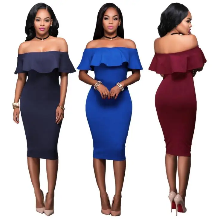 

Summer Women Elegant Solid Bodycon Formal Dress Ladies Knee Length Off Shoulder Ruffle Party Dress, Black,blue,red,green,dark blue,or customized colors