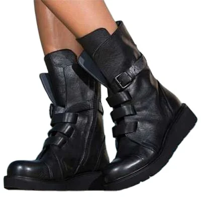 

Winter new middle boot female flat large size round head belt buckle boot European and American female shoes, As shown in figure