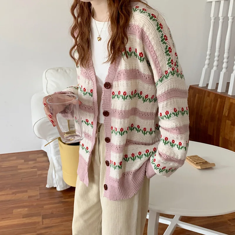 

Autumn 2021 new Korean loose retro Japanese V-Neck Sweater women's casual cardigan knitted jacket fashion, As pictures