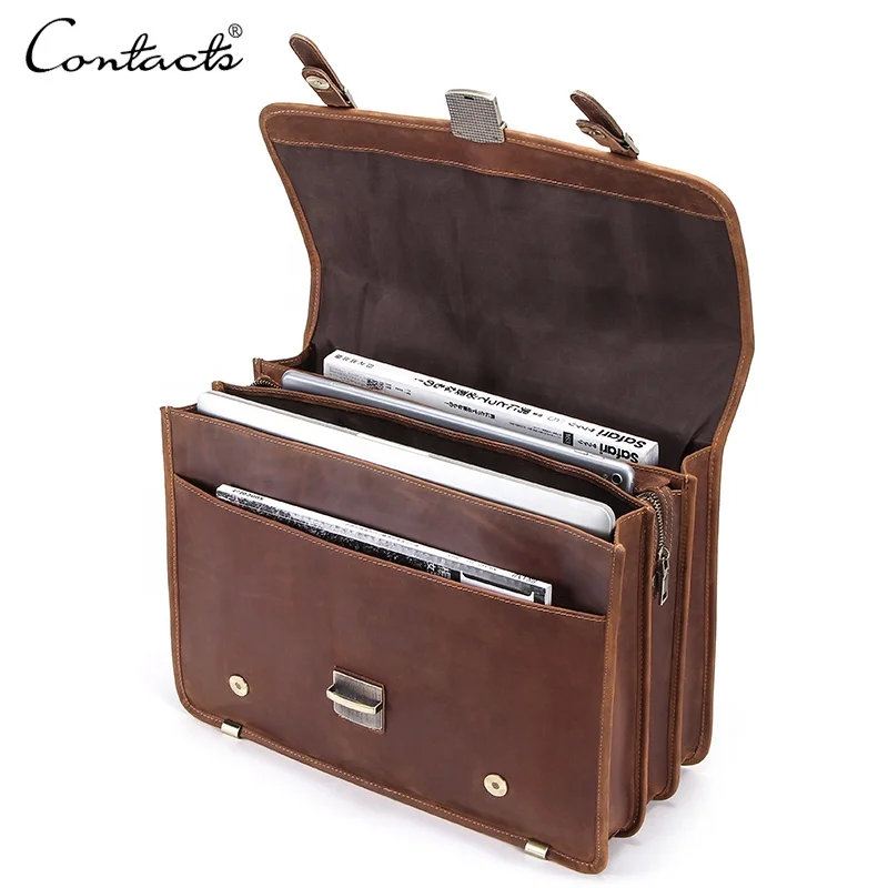 

Contact's dropship wholesale custom vintage crazy horse leather waterproof mens office latch briefcase bag for 14 inch laptop, Coffee or customized color
