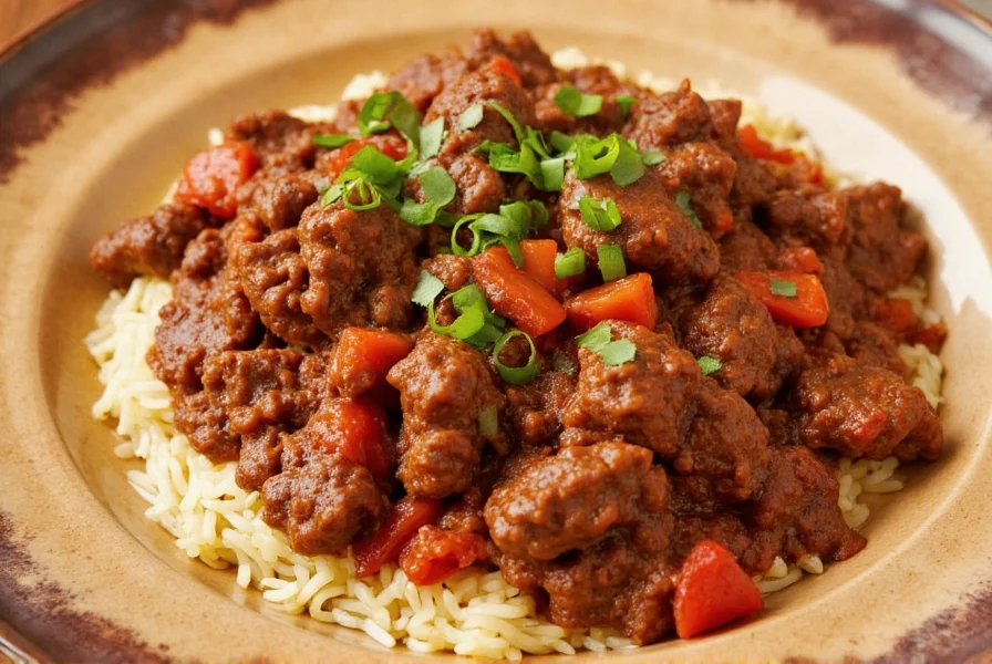 Steaming bowl of chilli beef served with rice