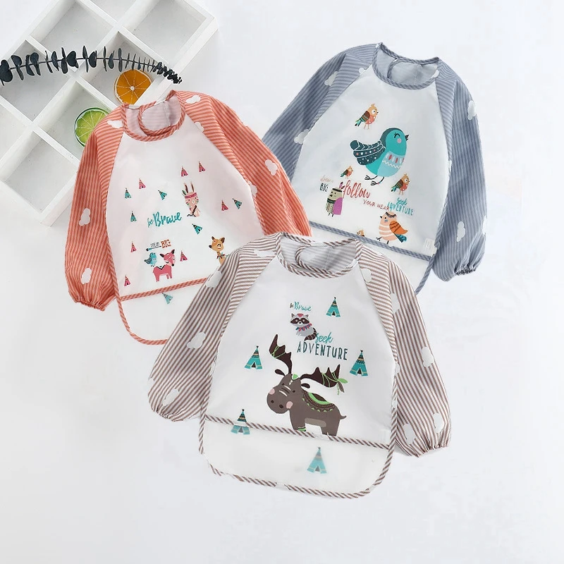 

2020 New Baby Kids Toddler Long Sleeve Waterproof Art Smock Feeding Bib Apron Pocket, Printed