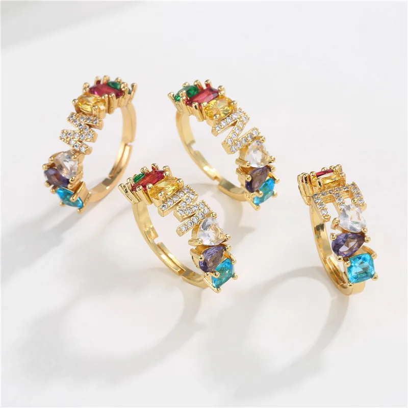 

Hot Sale Adjustable A-Z Initial Ring Bohemian Copper Zircon Rainbow Letter Rings For Women Girls Party Wedding Jewelry Gift, Customized color