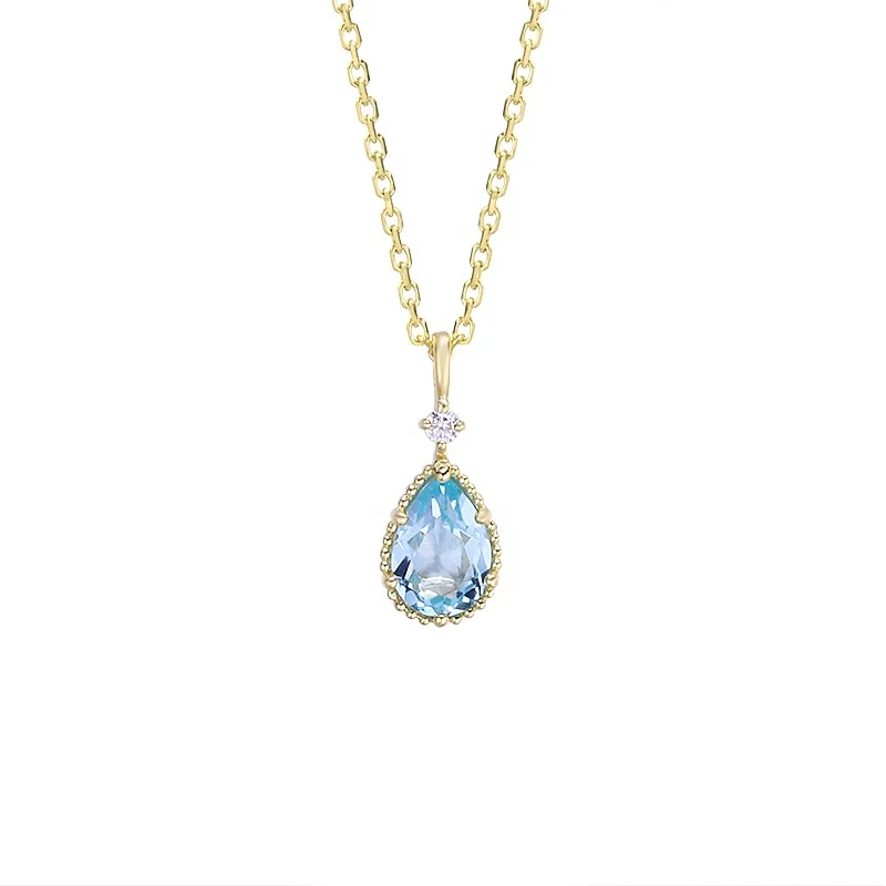 

HYH 9K jewelry Source factory sales accessories 9K gold simple drop-shaped blue topaz necklace temperament necklace