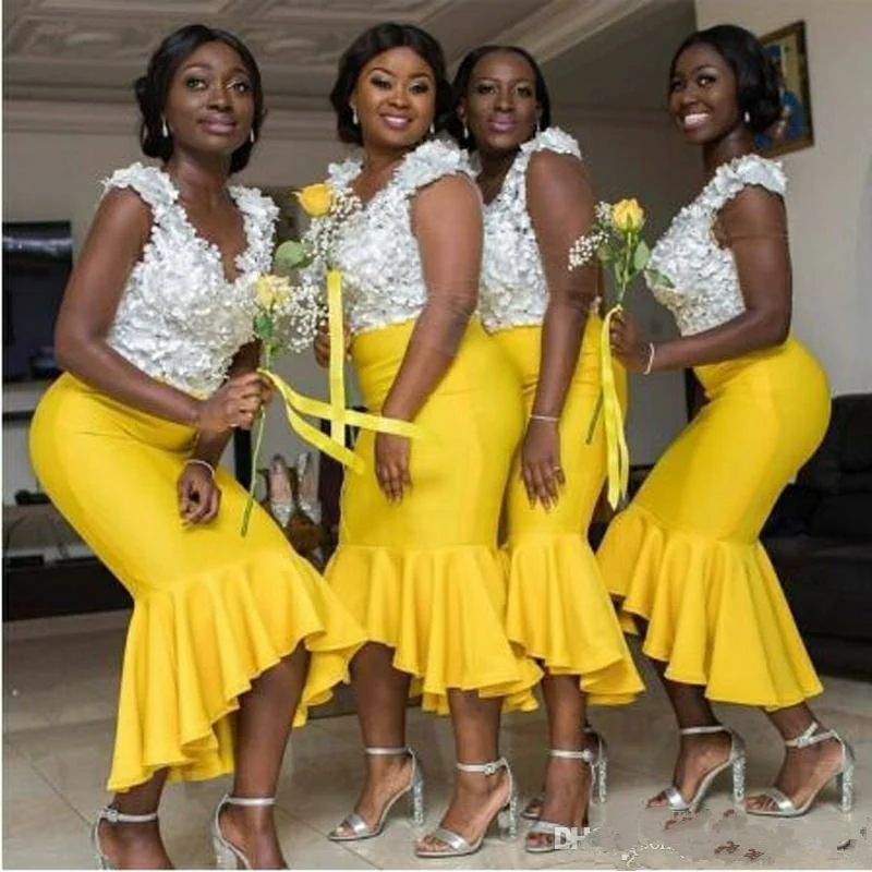 

African Maid of Honor Dress cheap Formal Gowns customized white yellow Mermaid Bridesmaid Dresses MB23