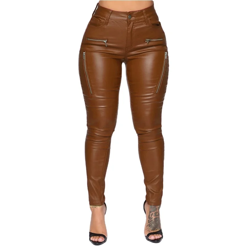 

2021 Leren broek fashion casual pants with pockets new foot pants women's zipper mid-waist leather pants, 3 colors