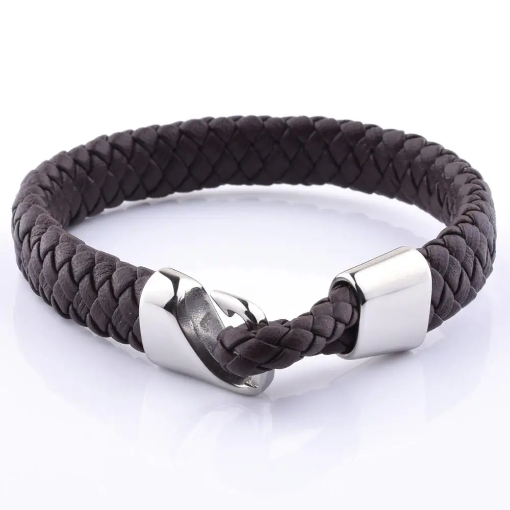 

Brand New Stainless steel Hook Clasp Accessory Wide Braided Leather Bracelet For Men