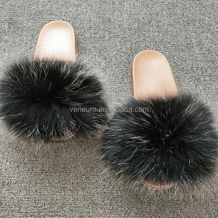 

Ladies Home Winter High Plush Real Raccoon Fur Flip Flop House Shoes Slippers for Women, Customized color