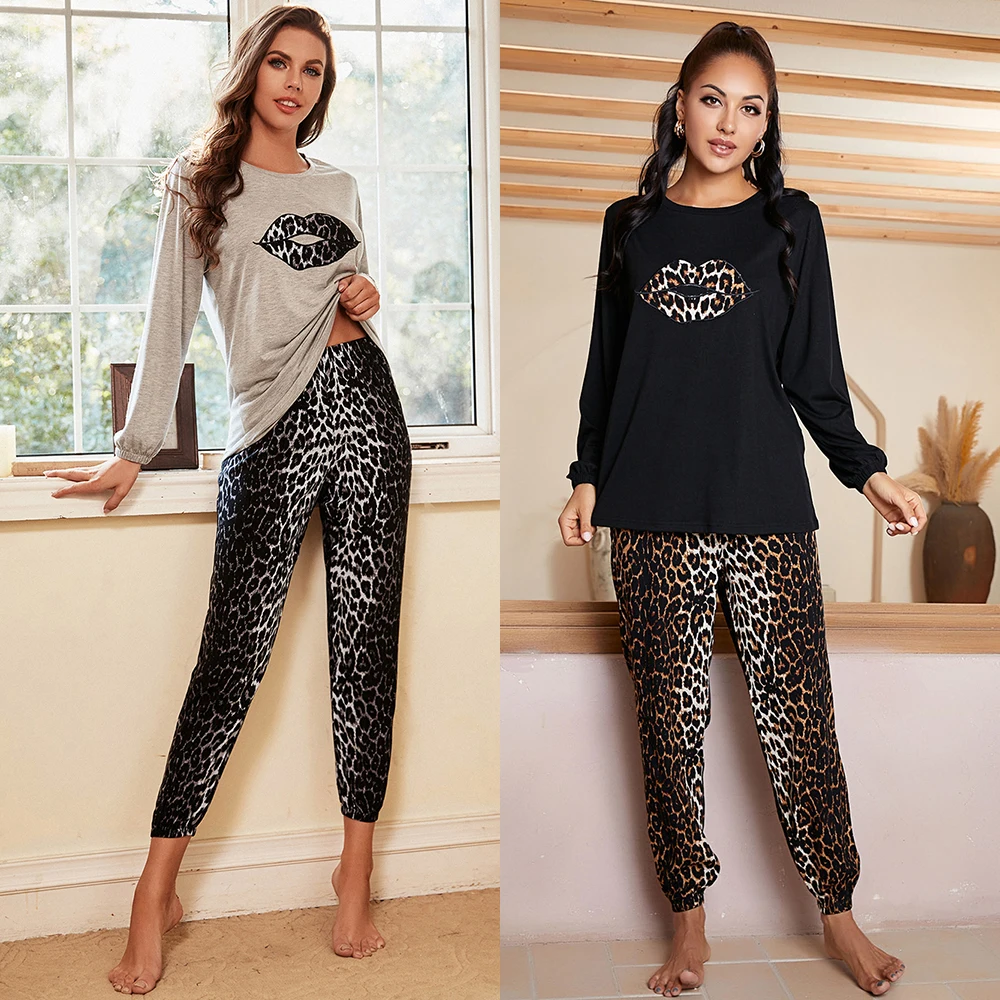 

2021 autumn winter full sleeve sexy leopard print pyjamas pj set 2 piece women ladies nightwear pajama night suits lip designs, Golden, silver